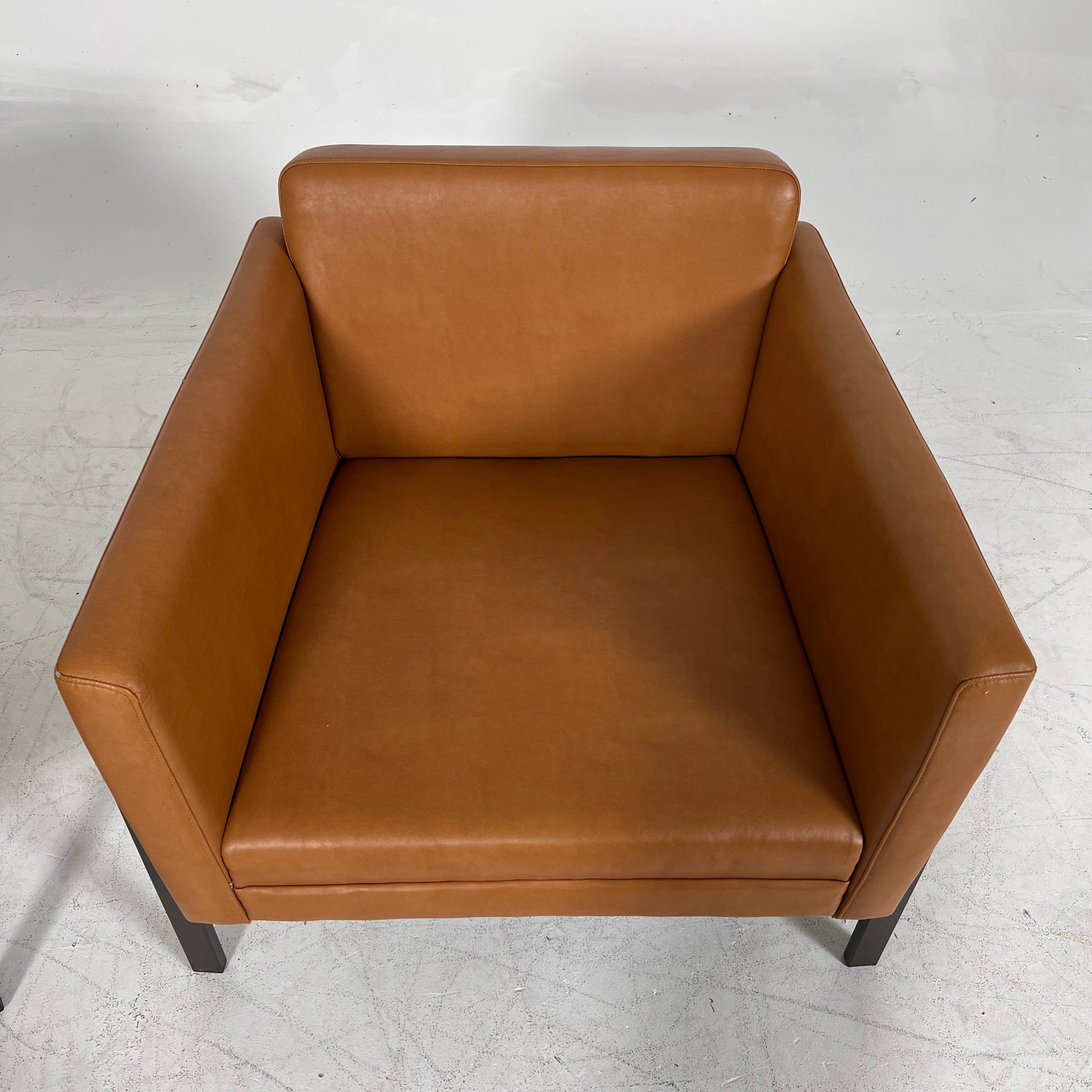 Cognac Armchairs. Faux leather and metal chairs. Delivery available
