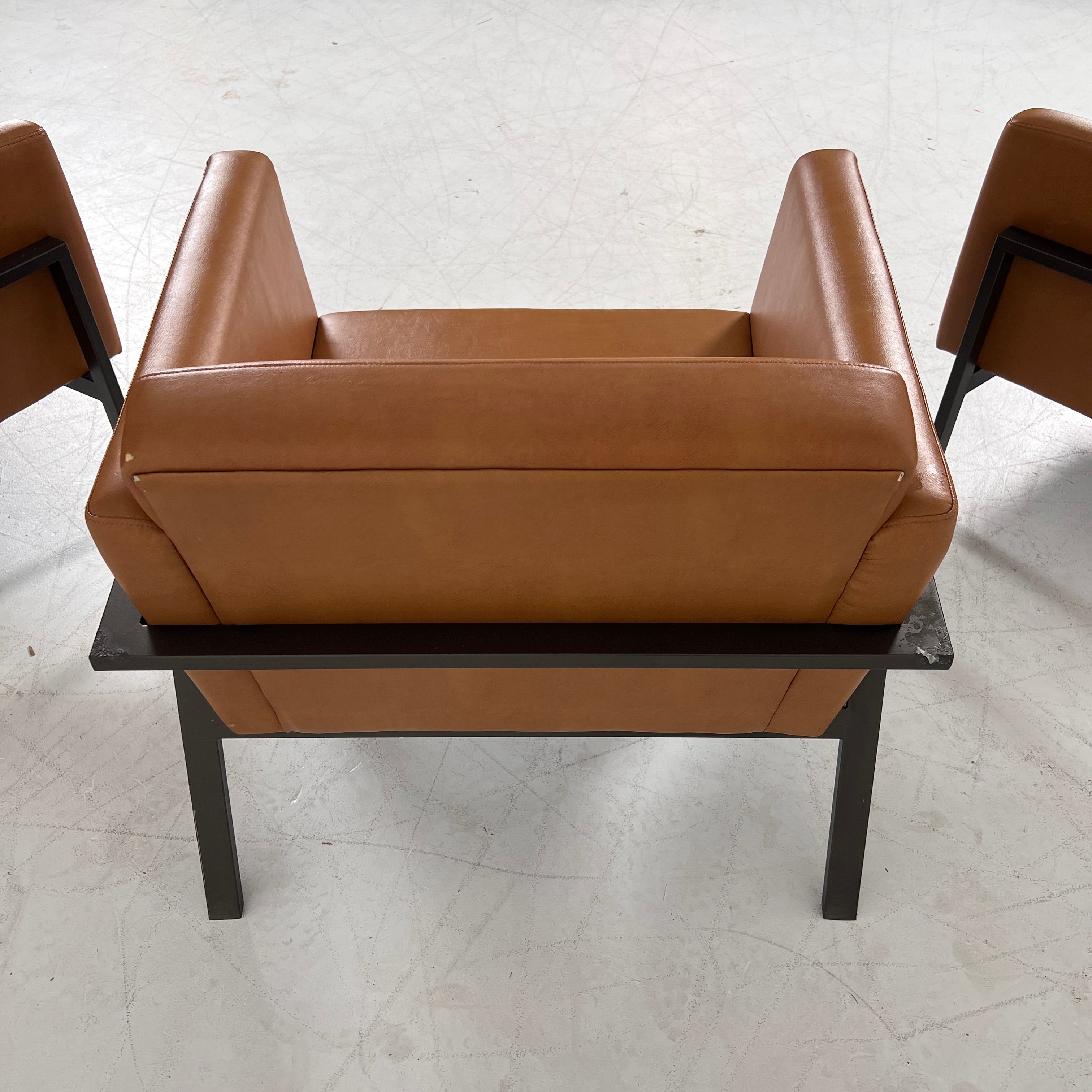 Cognac Armchairs. Faux leather and metal chairs. Delivery available