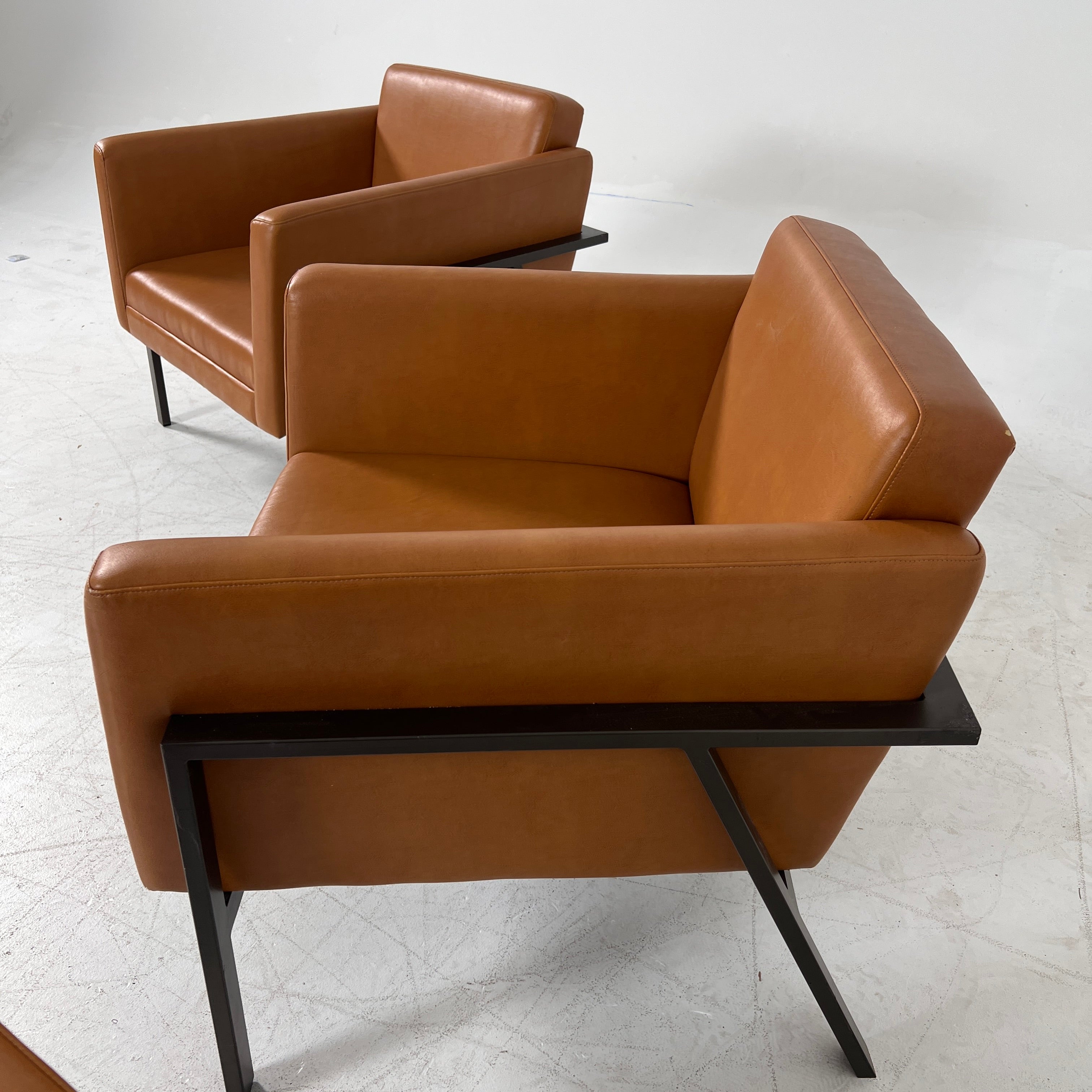 Cognac Armchairs. Faux leather and metal chairs. Delivery available
