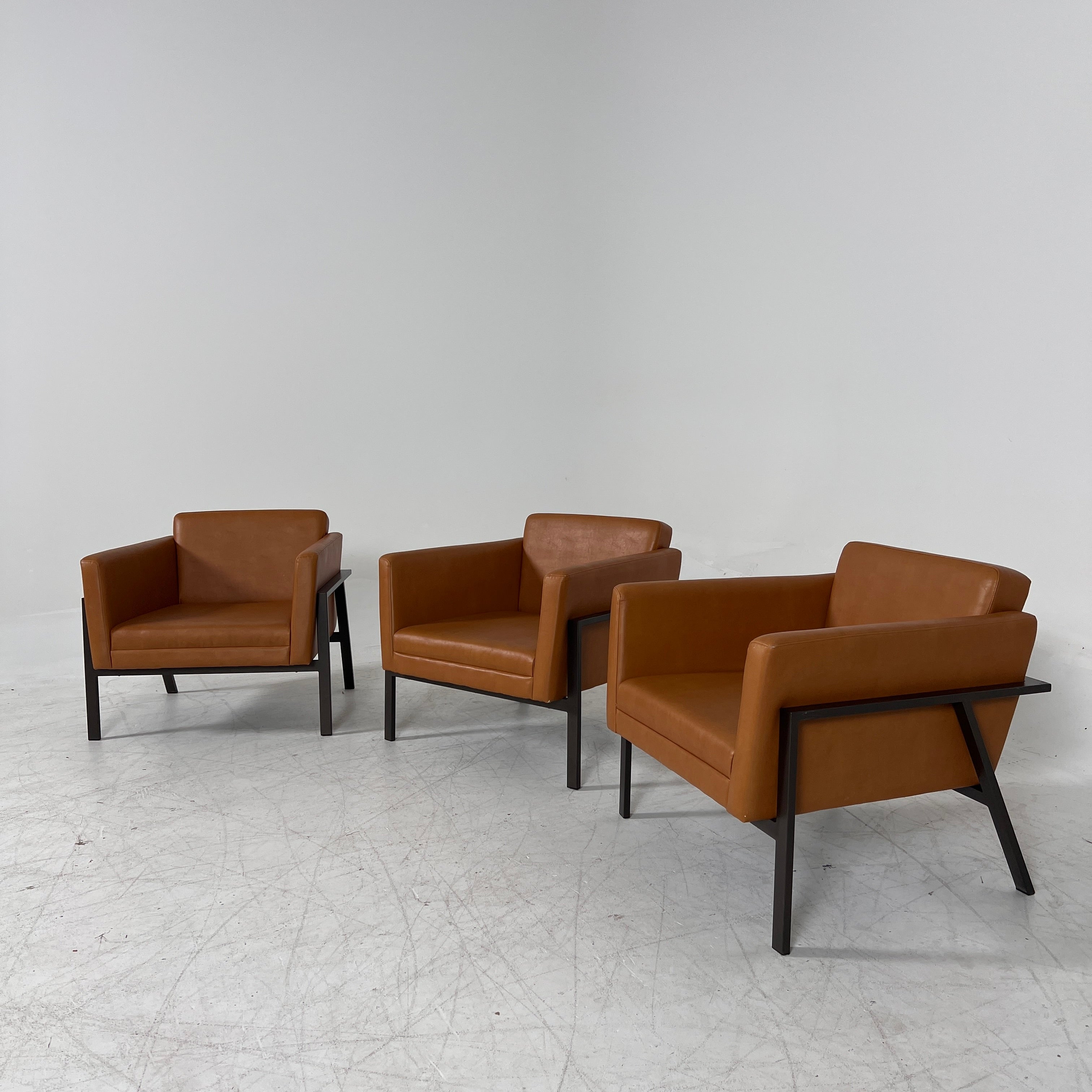 Cognac Armchairs. Faux leather and metal chairs. Delivery available