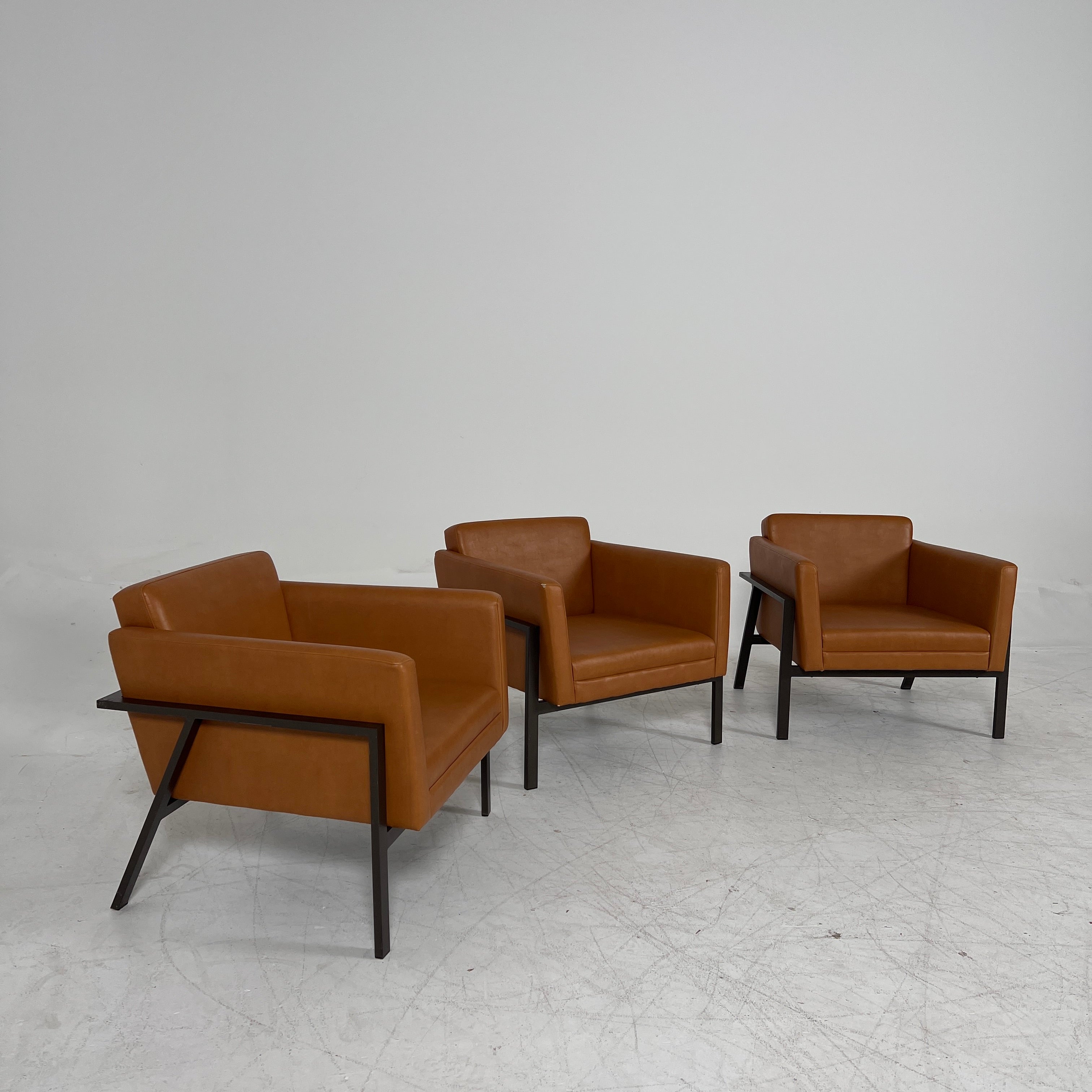 Cognac Armchairs. Faux leather and metal chairs. Delivery available