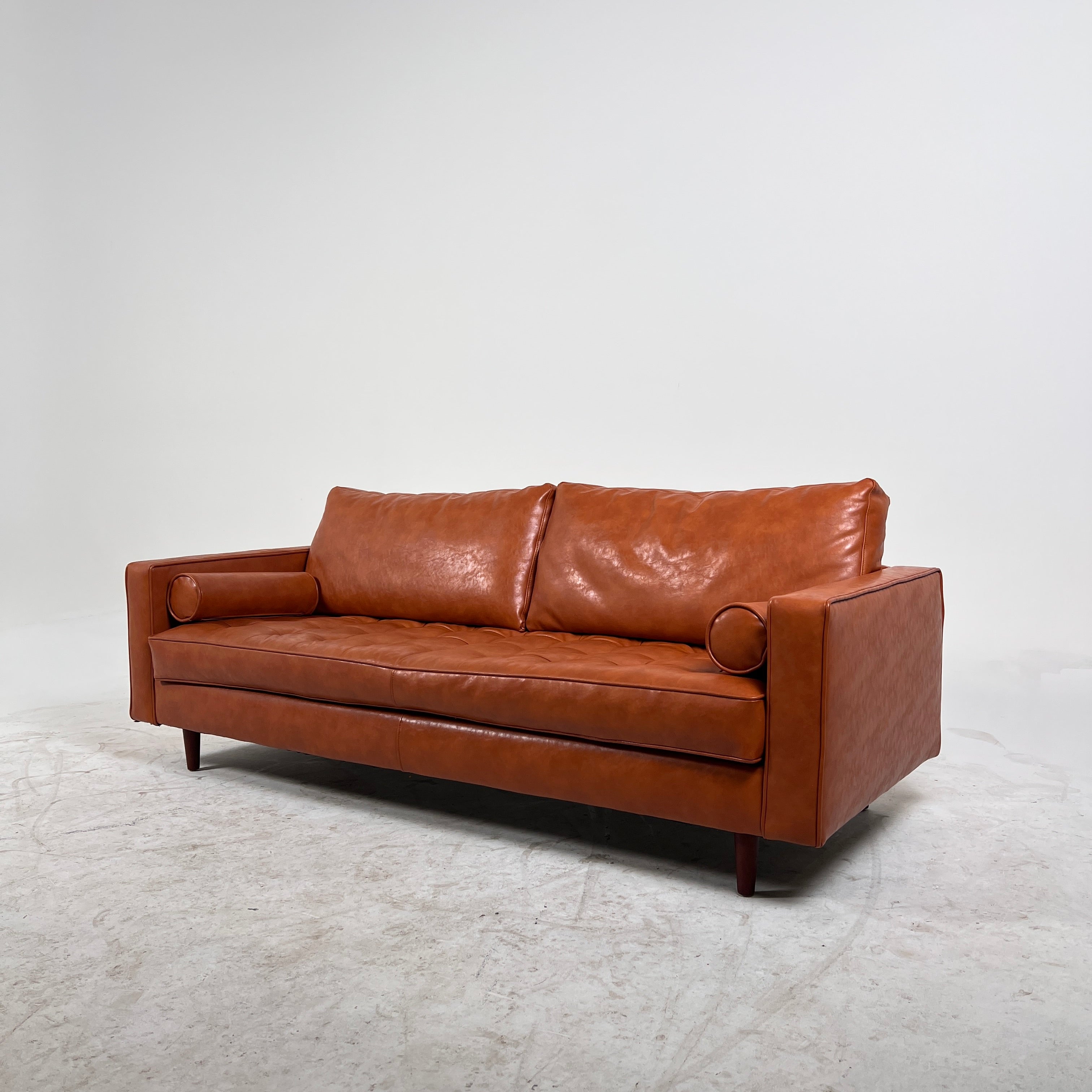 MCM leather sofa couch. Tufted real leather loveseat. Delivery available.
