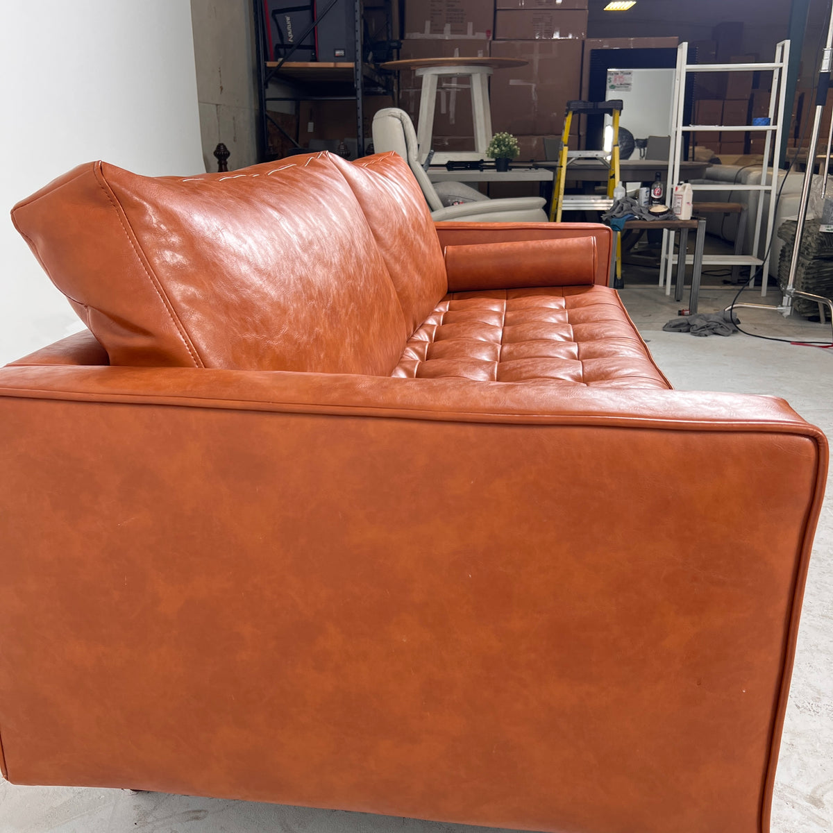 MCM leather sofa couch. Tufted real leather loveseat. Delivery available.