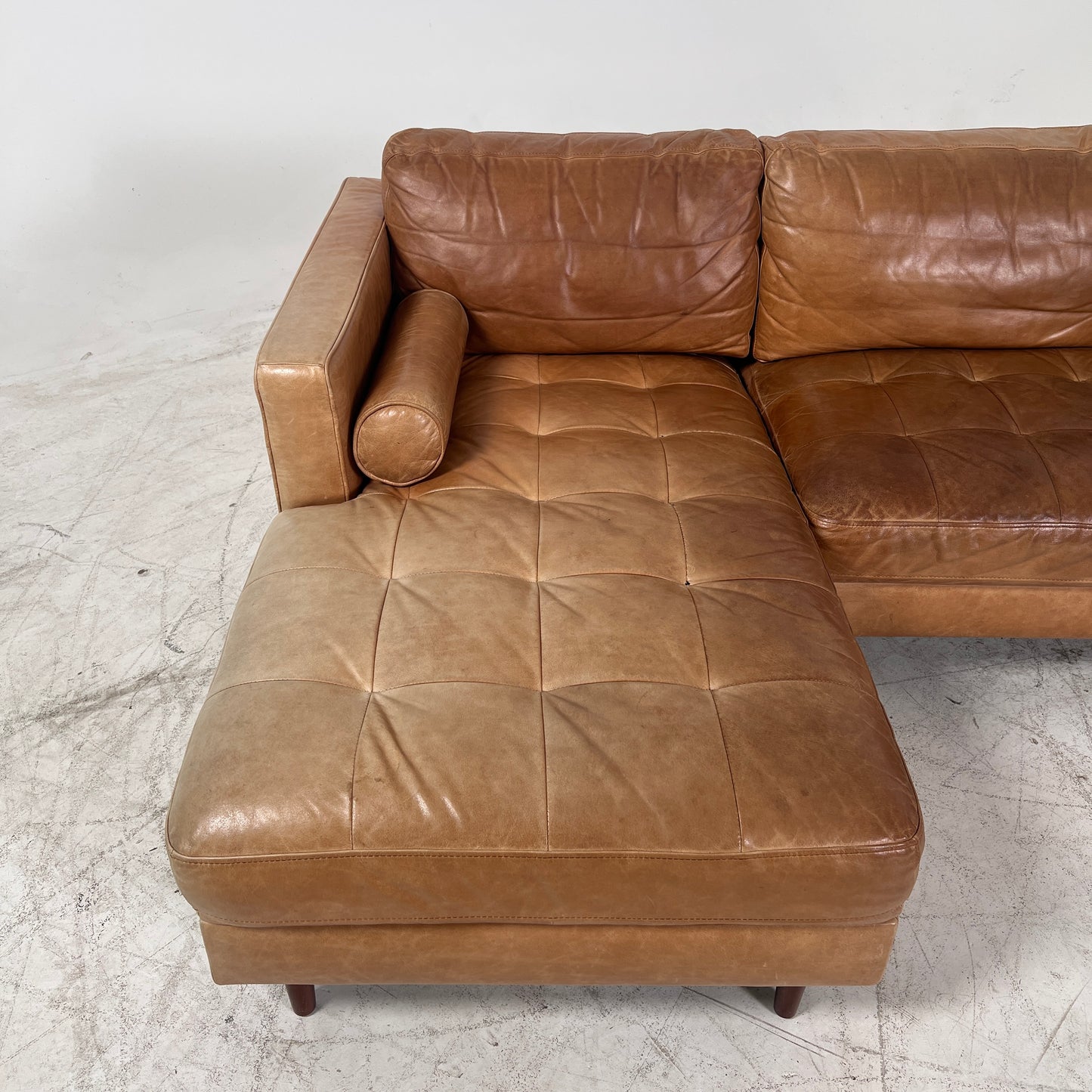 Mid century Cognac leather sectional. L shaped sofa couch.