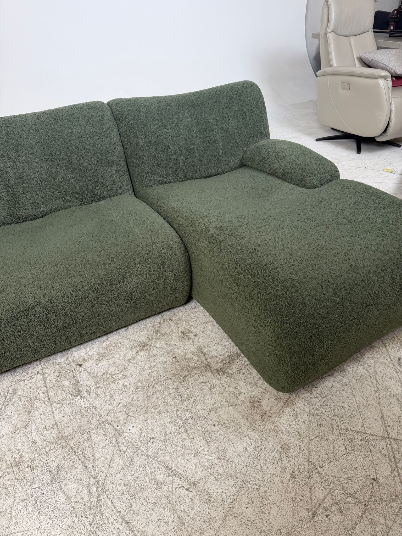 Kings living Green Booucle sectional. Reversible L shaped sofa couch. Delivery available
