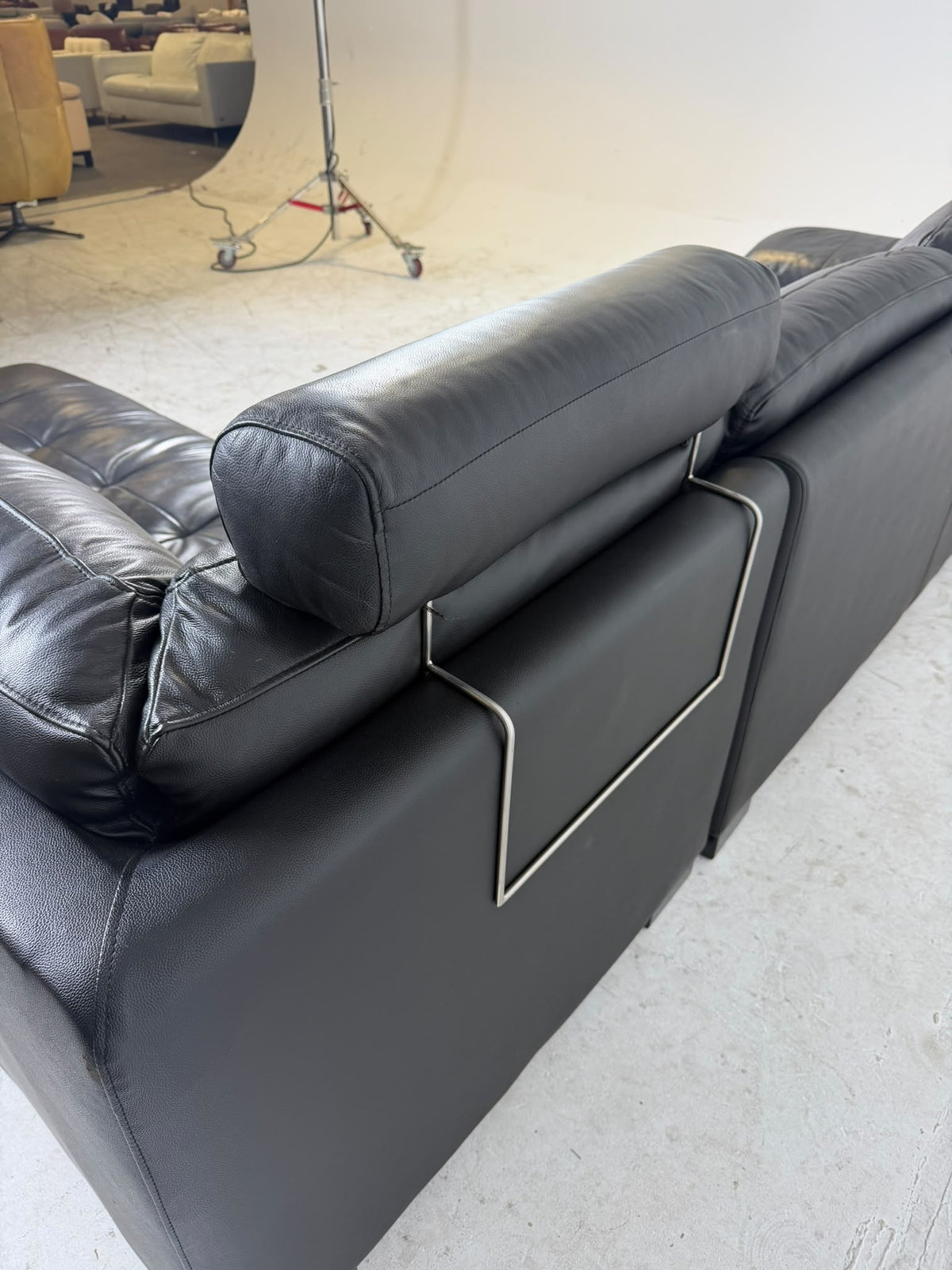 Urban Barn Leather Sectional. Black L shaped sofa couch. Delivery available
