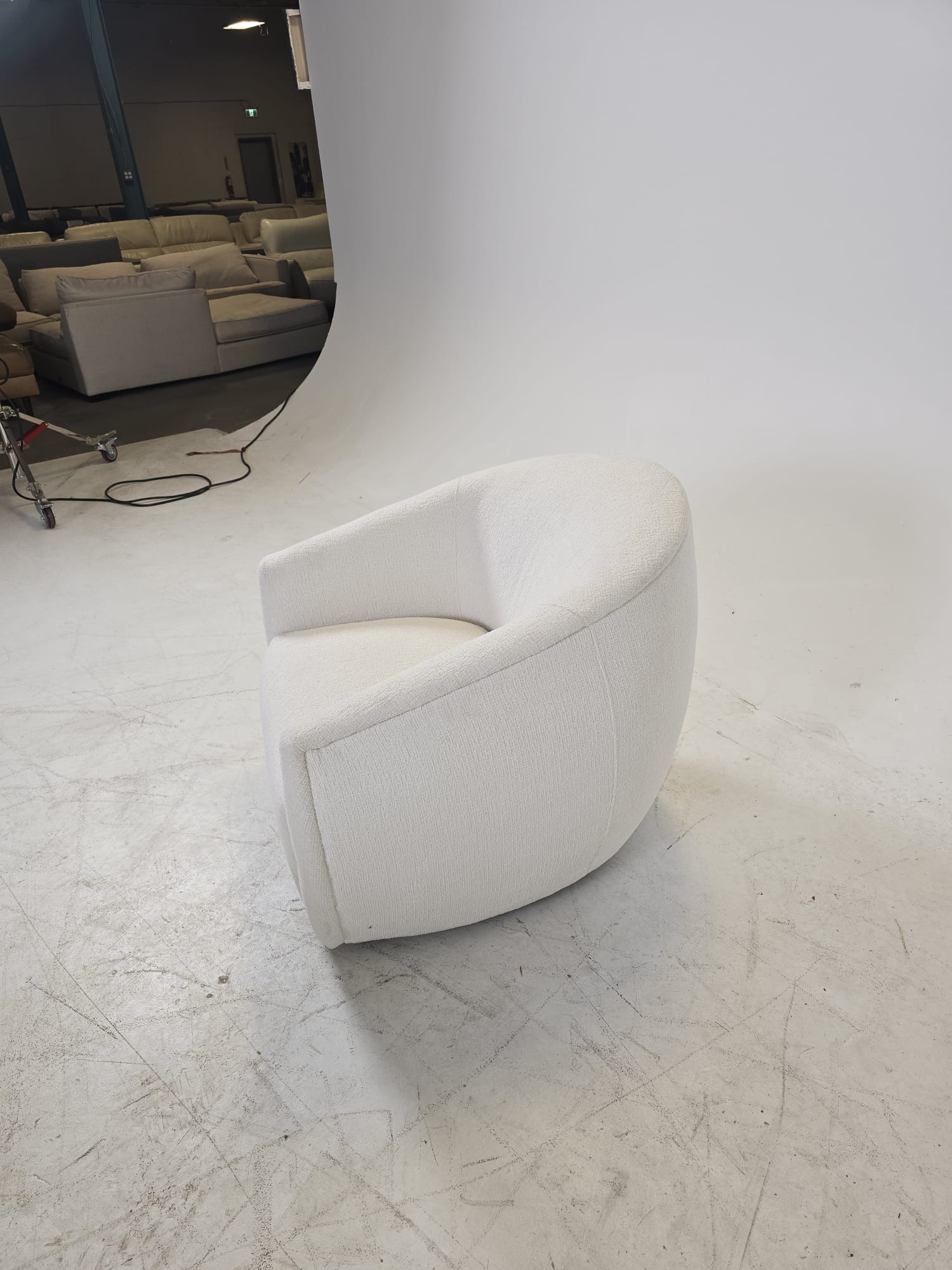 Brand New Stylus Reef swivel Chair. White boucle armchair