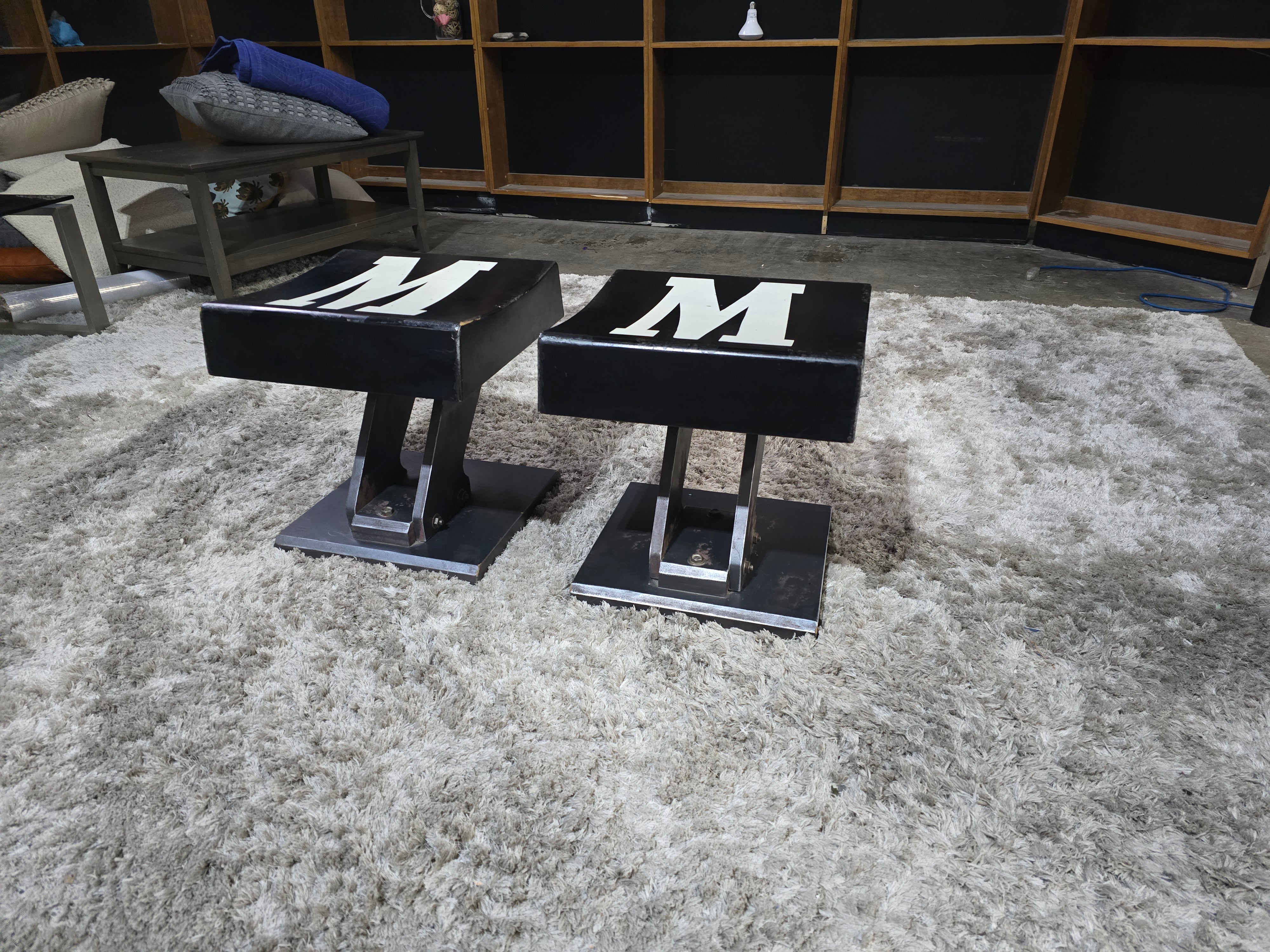 2 distressed stools Rh style