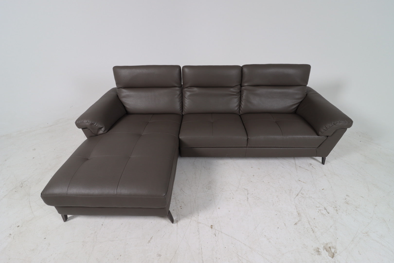 Faux leather sectional. Grey L shaped sofa couch