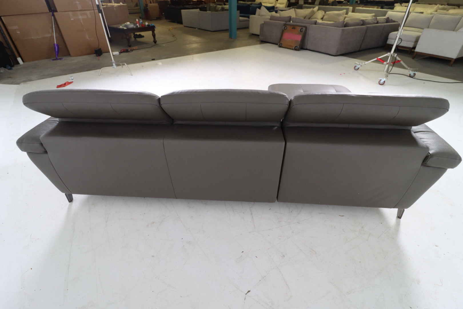 Faux leather sectional. Grey L shaped sofa couch