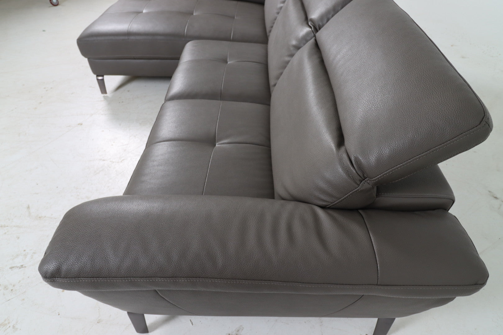 Faux leather sectional. Grey L shaped sofa couch