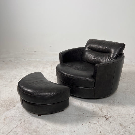 Urban Barn cuddler chair + ottoman. Leather round chair. Delivery available