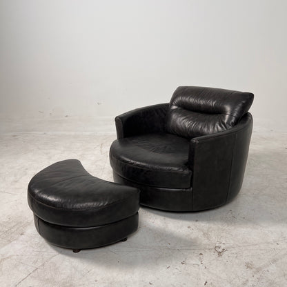 Urban Barn cuddler chair + ottoman. Leather round chair. Delivery available