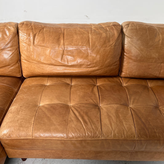 Cognac Leather Sectional. Mid century L shaped sofa couch