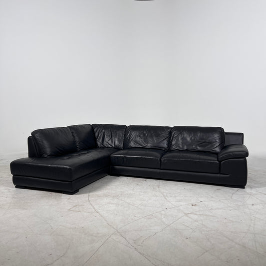 Urban Barn Leather Sectional. Black L shaped sofa couch