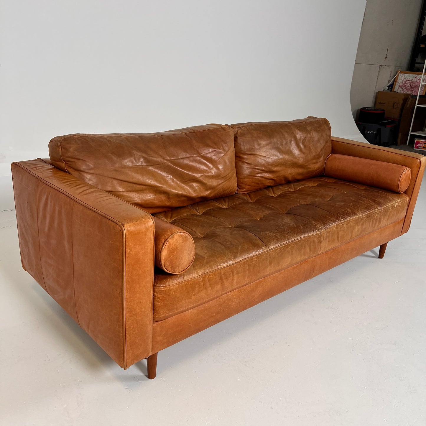 Structube Kinsey leather 3 seater sofa. MCM cognac couch. delivery available