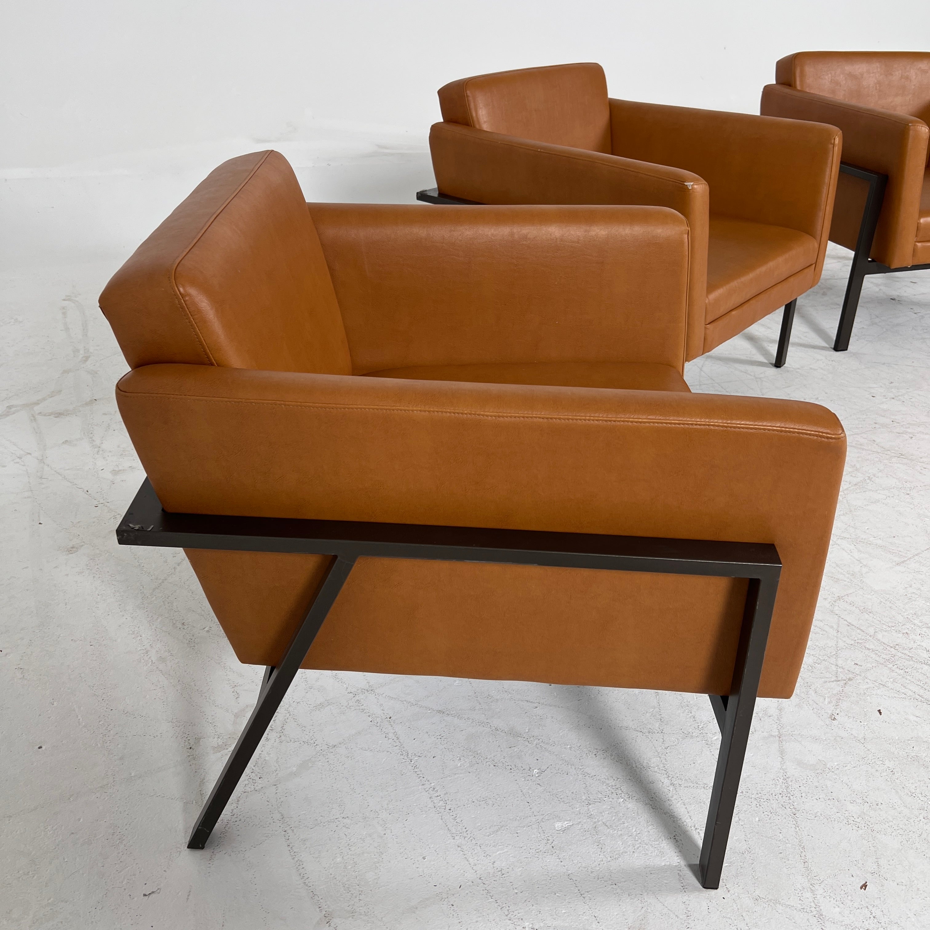 Cognac Armchairs. Faux leather and metal chairs. Delivery available