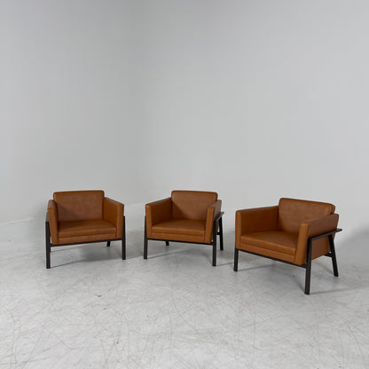 Cognac Armchairs. Faux leather and metal chairs. Delivery available