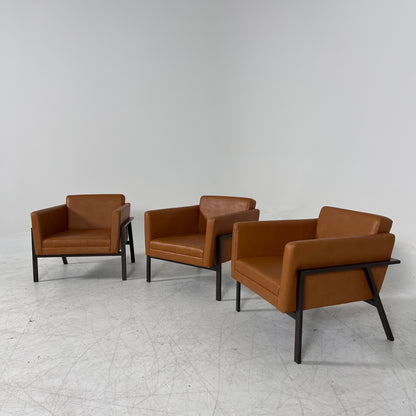 Cognac Armchairs. Faux leather and metal chairs. Delivery available