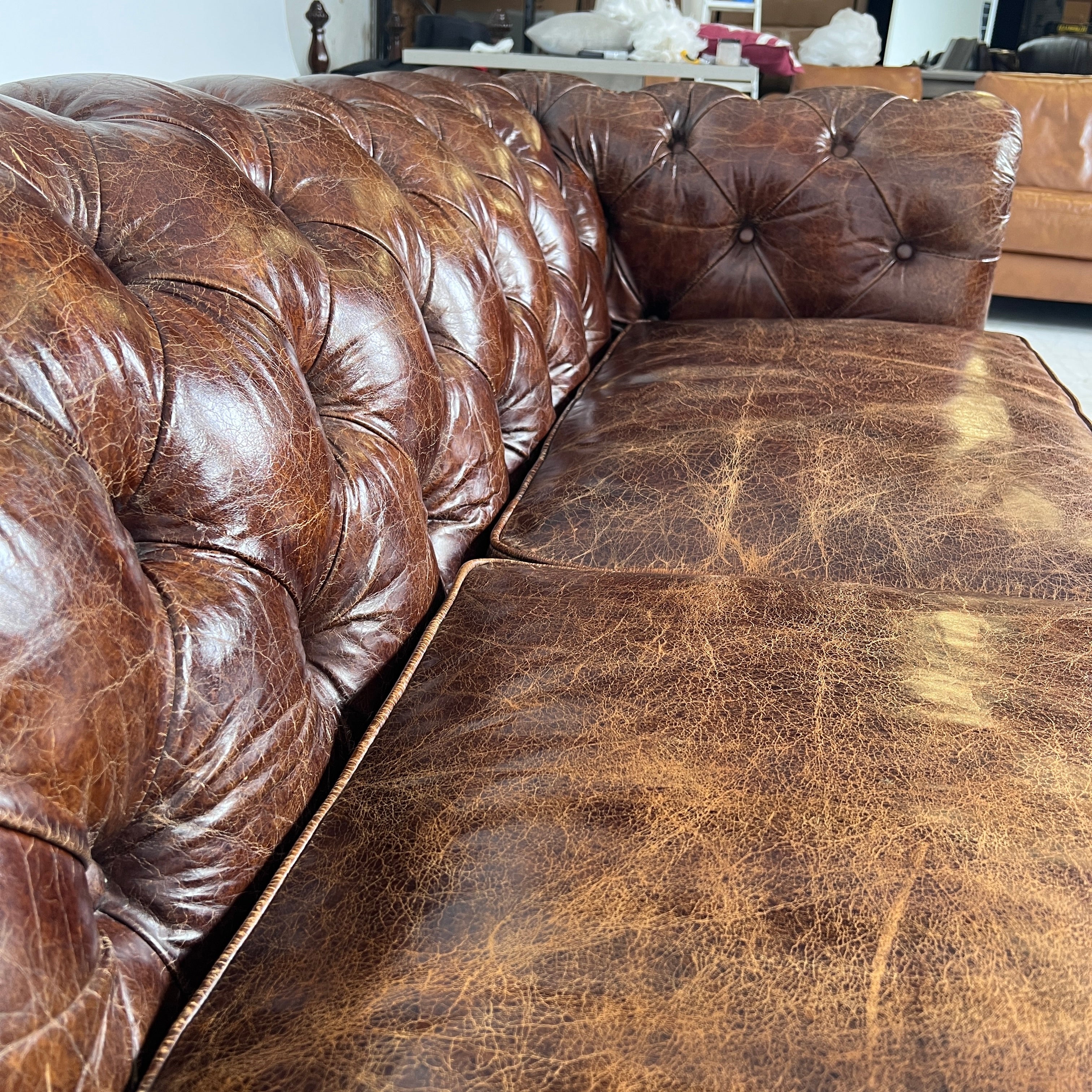 Moe's Chesterfield leather Sofa. Distressed leather Sofa couch. Delivery available