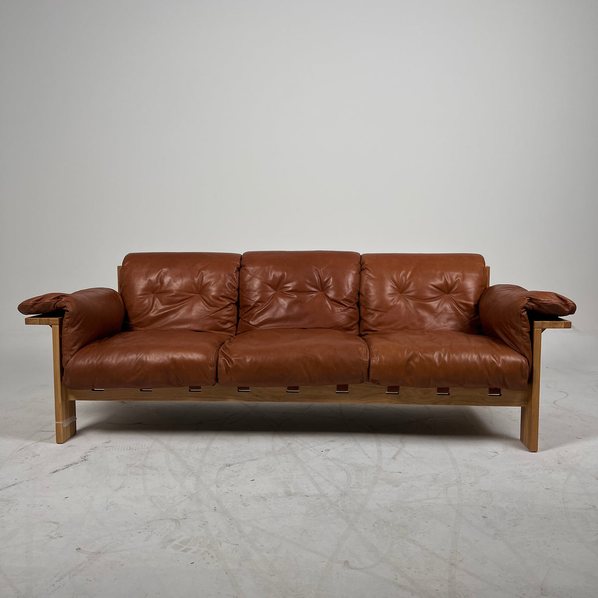 Shinola Runwell Wood Frame Sofa. Leather and wood MCM Couch. Delivery Available