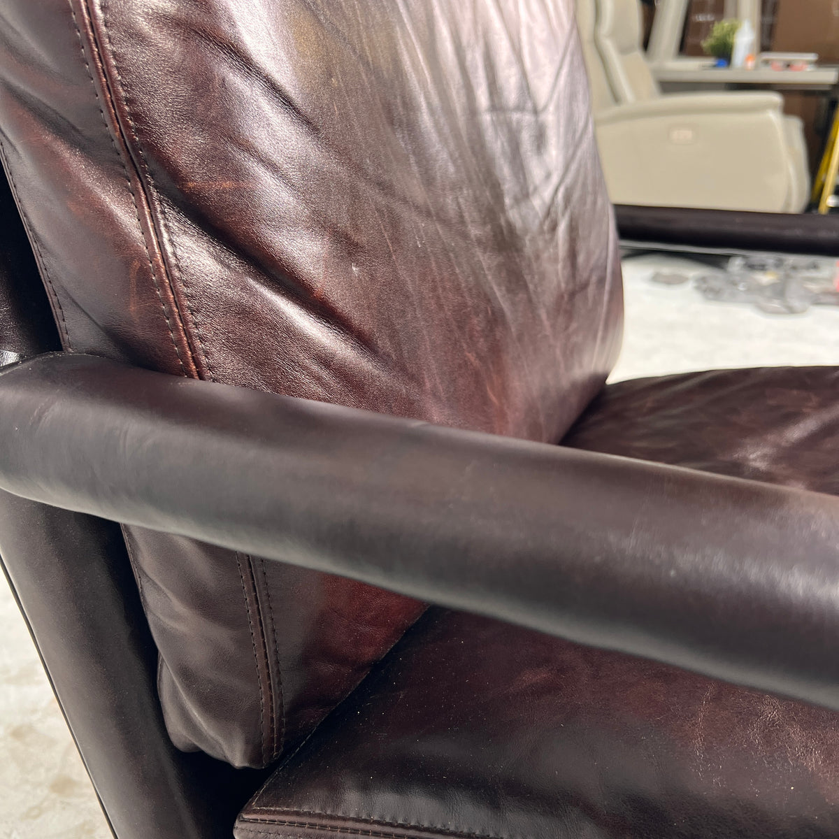 Thayer Coggin Inc Distressed leather Armchair. High End chair. Delivery available