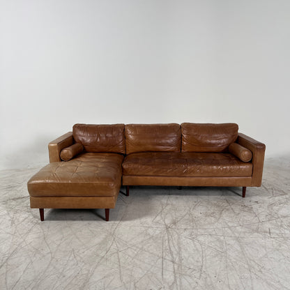 Mid century Cognac leather sectional. L shaped sofa couch.