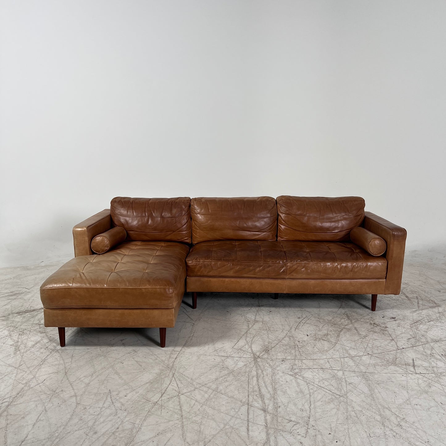 Mid century Cognac leather sectional. L shaped sofa couch.