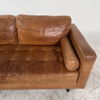 Mid century Cognac leather sectional. L shaped sofa couch.
