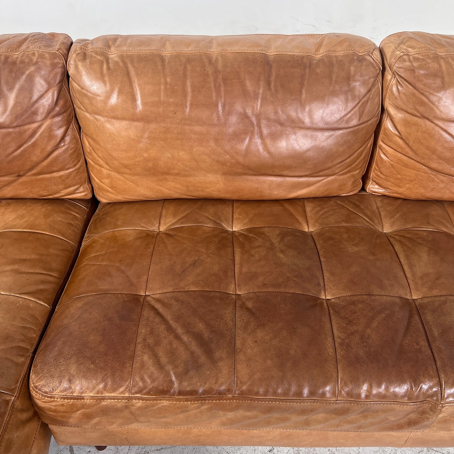 Mid century Cognac leather sectional. L shaped sofa couch.