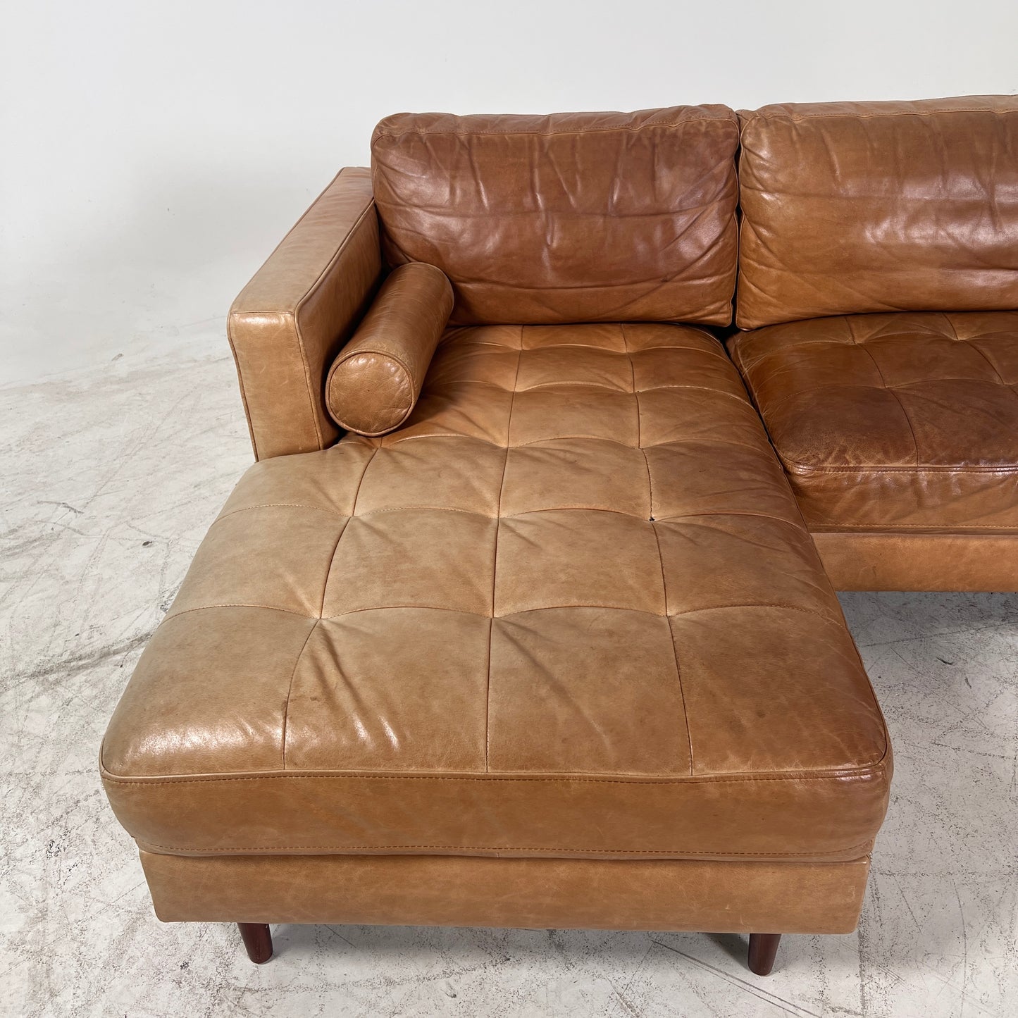 Mid century Cognac leather sectional. L shaped sofa couch.
