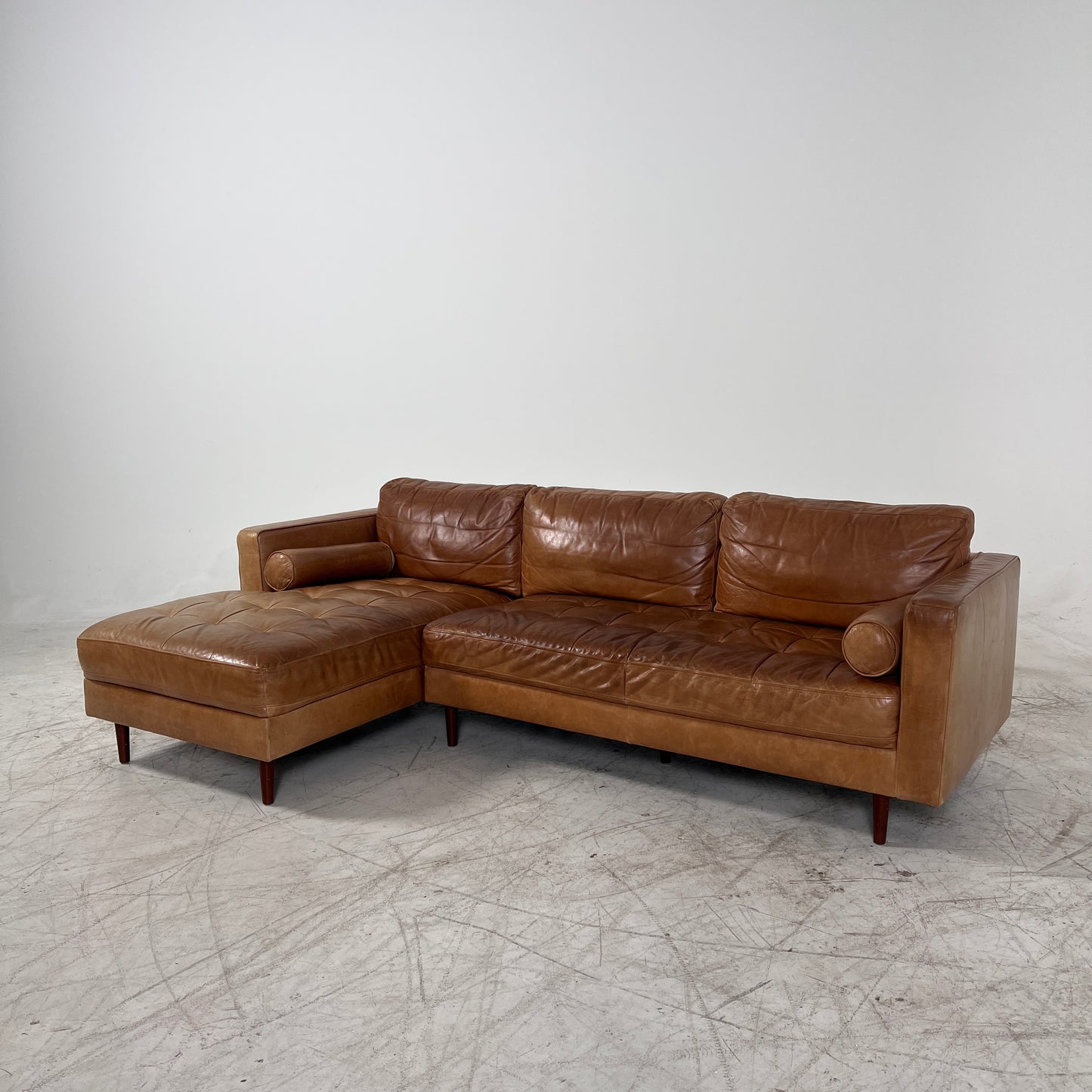 Mid century Cognac leather sectional. L shaped sofa couch.