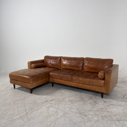 Mid century Cognac leather sectional. L shaped sofa couch.