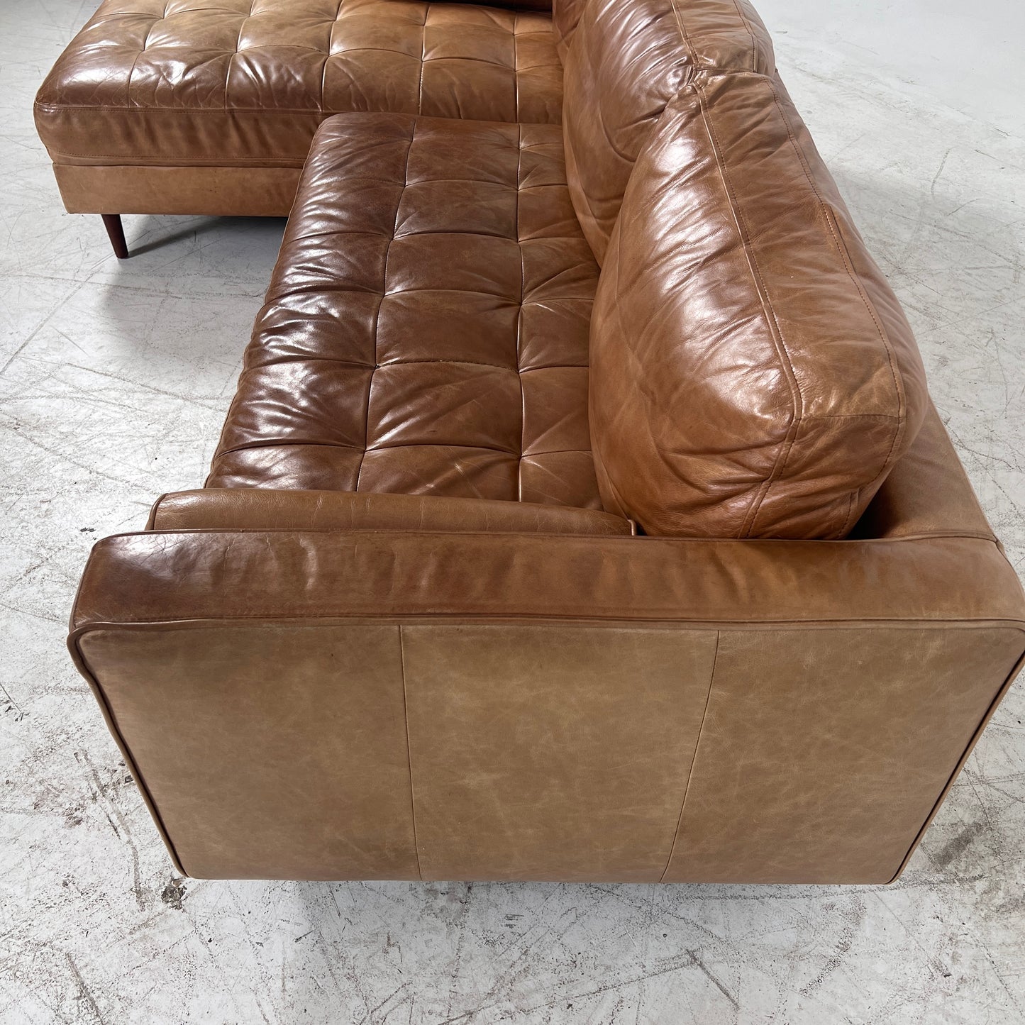 Mid century Cognac leather sectional. L shaped sofa couch.