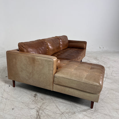 Mid century Cognac leather sectional. L shaped sofa couch.
