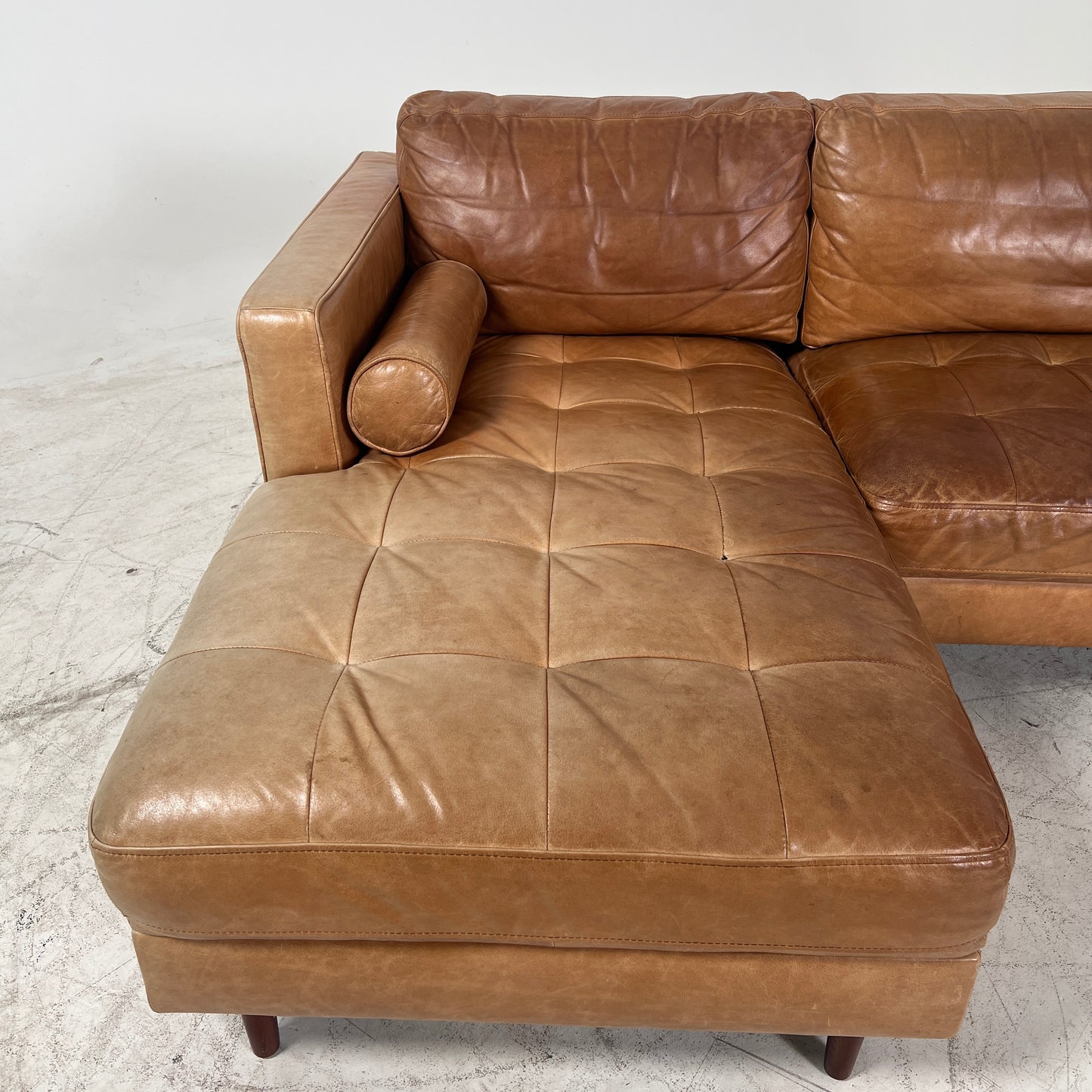 Mid century Cognac leather sectional. L shaped sofa couch.