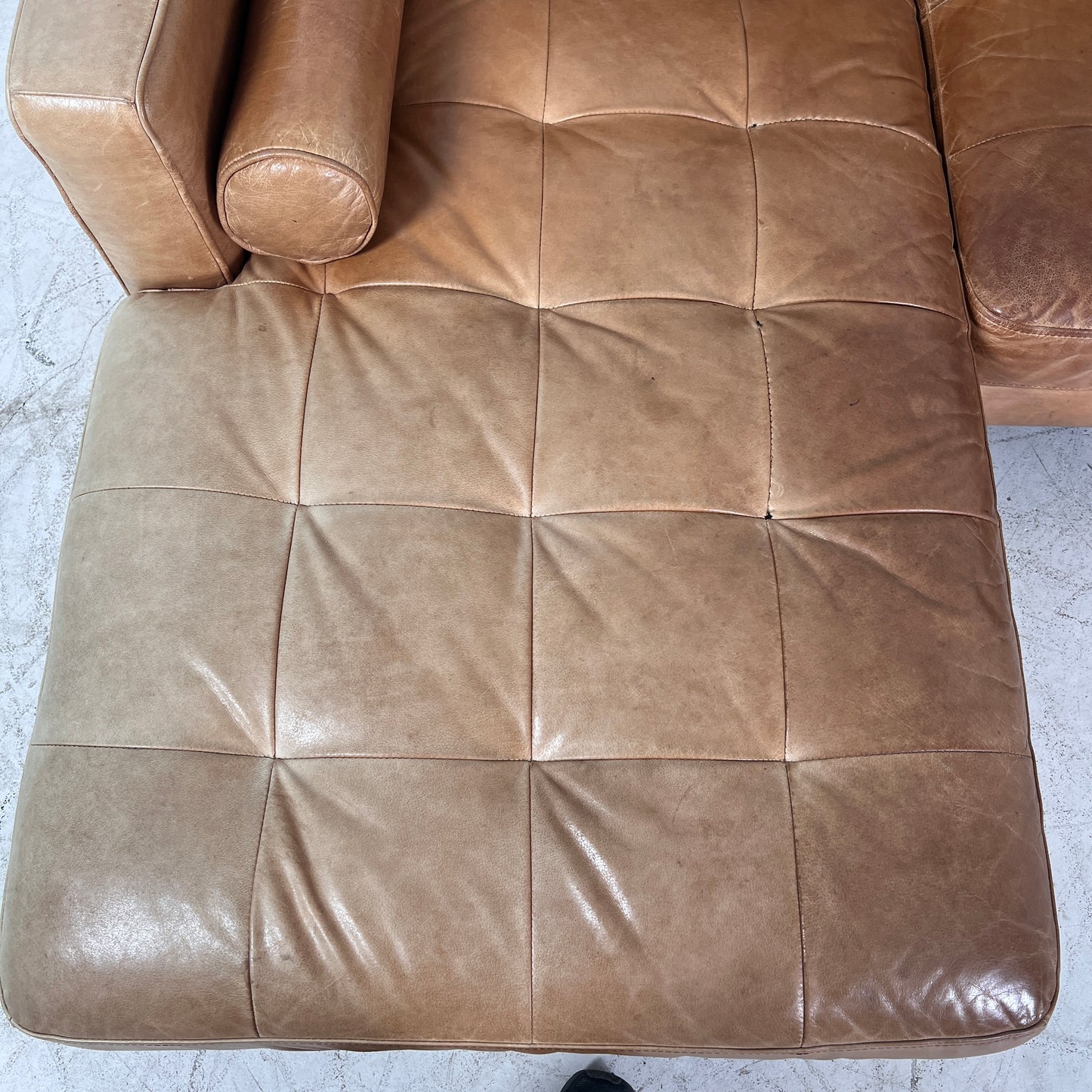 Mid century Cognac leather sectional. L shaped sofa couch.
