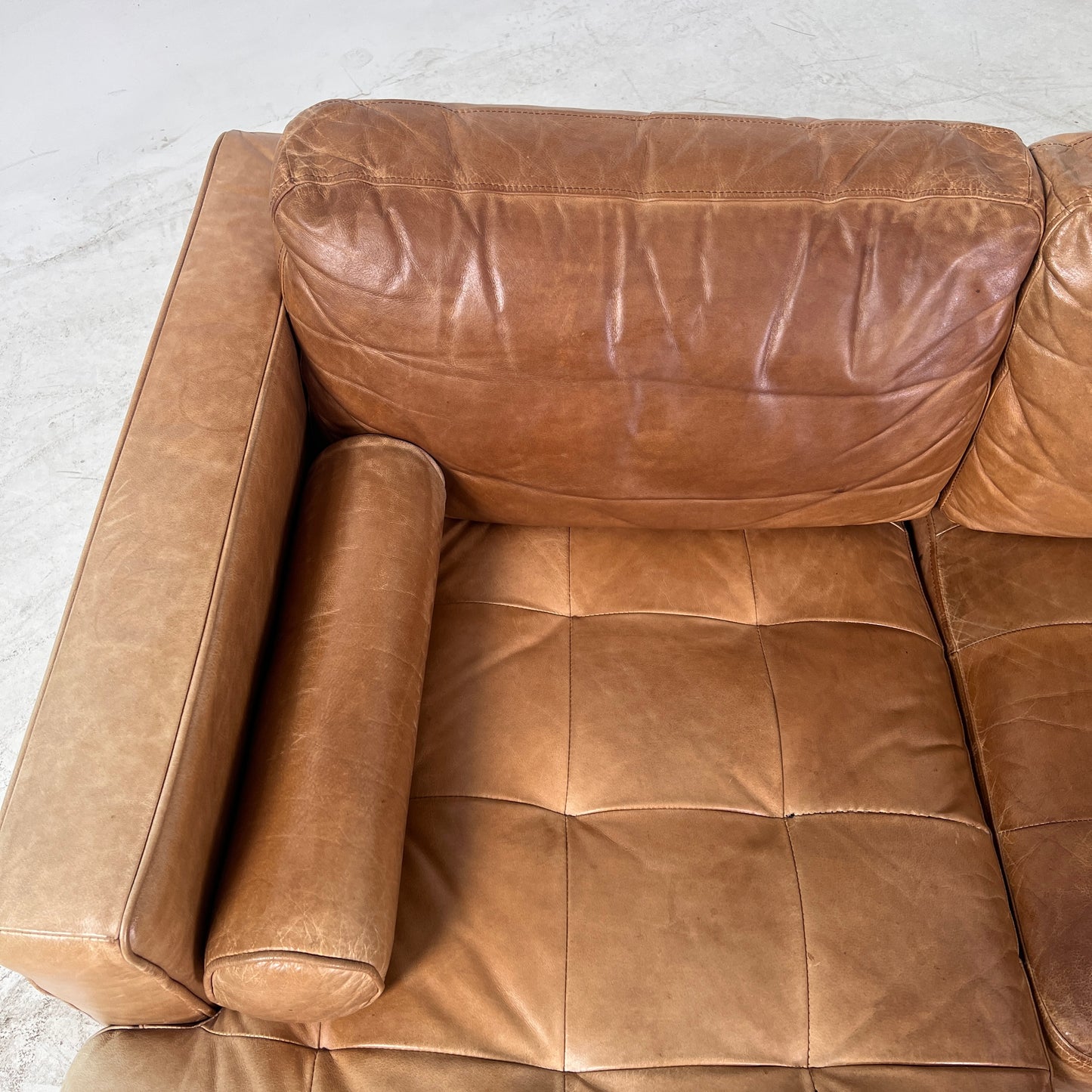 Mid century Cognac leather sectional. L shaped sofa couch.