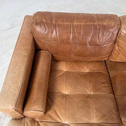 Mid century Cognac leather sectional. L shaped sofa couch.