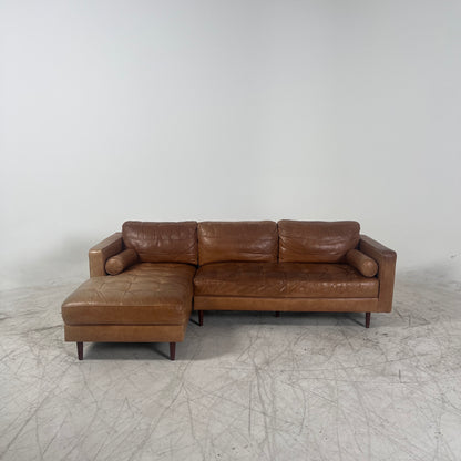 Mid century Cognac leather sectional. L shaped sofa couch.