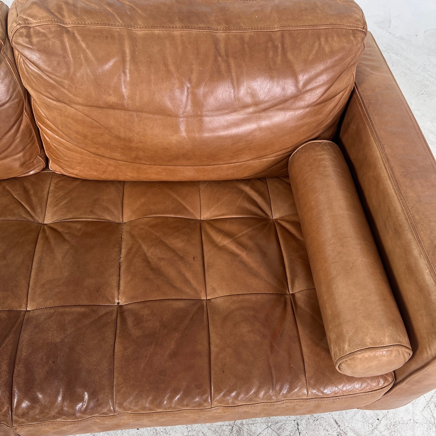 Mid century Cognac leather sectional. L shaped sofa couch.