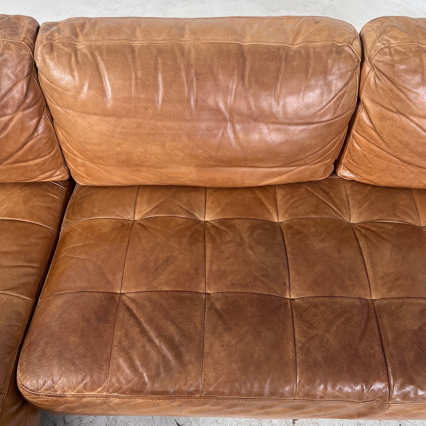 Mid century Cognac leather sectional. L shaped sofa couch.