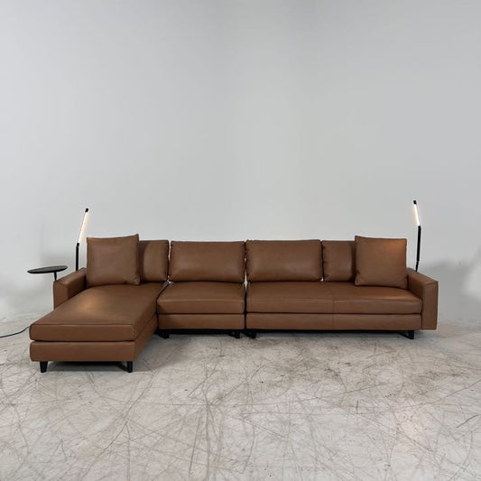 King Living Delta Caramel Leather sectional. Modular L shaped corner sofa.