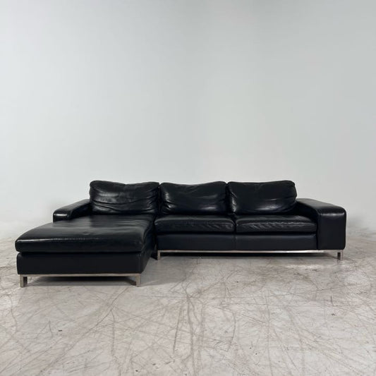 Genuine Leather Sectional. Black L shaped sofa couch.