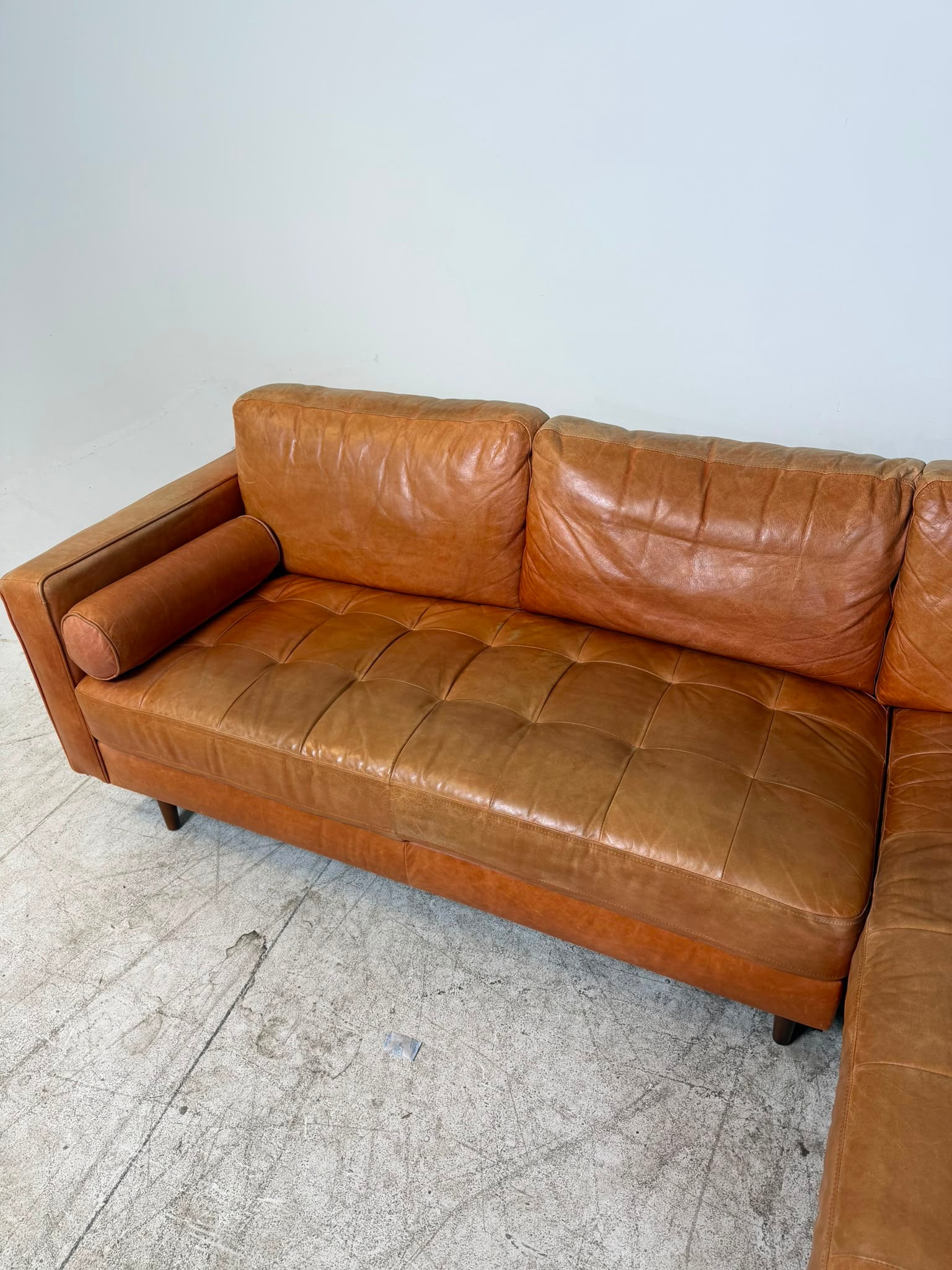 Structube Kinsey Leather Sectional. Cognac MCM L shaped sofa couch. Delivery available
