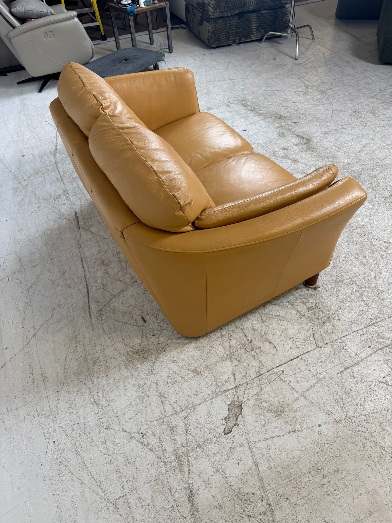 MCM Leather Loveseat. Caramel 2 seater sofa couch. Delivery available