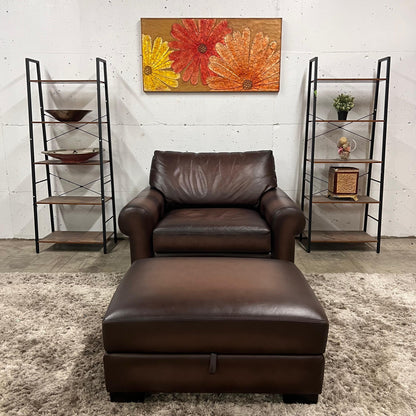 Pottery barn leather chair and a half.