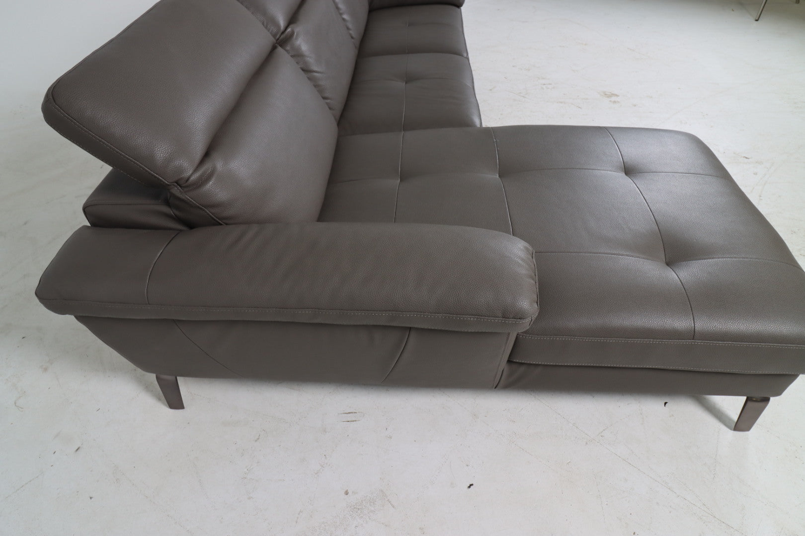 Faux leather sectional. Grey L shaped sofa couch