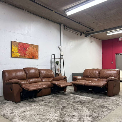 Cognac leather recliner sofa set. Manual reclining couches.