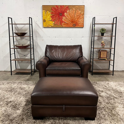 Pottery barn leather chair and a half.